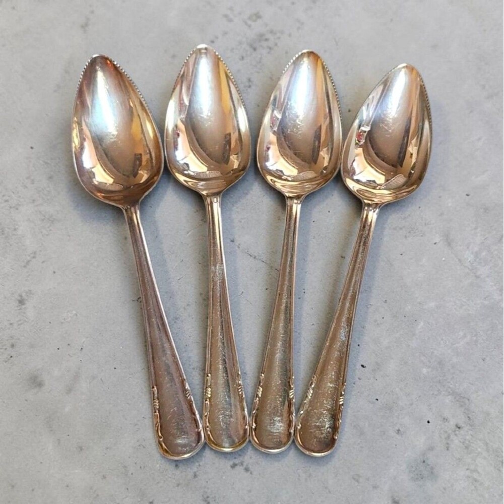 Vintage WA England Silver Plated Grapefruit Citrus Spoons Set 4 Serrated Scroll